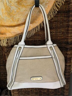 Canvas and White Trim Tote Bag - Women's Neutral Shoulder Bag